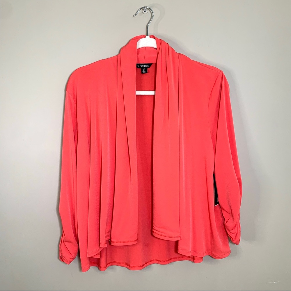 Coral Red Draped Shrug Cardigan L 3/4 Ruched Sleeve Dressy Office Resort NWT
